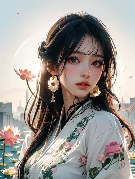    Double exposure flat vector of a beautiful and detailed girl with long hair in Hanfu(Clear surface , Beautiful and perfect)image ( Perfect anatomical structure ) ，The background is translucent，Large white lotus flower and large lotus leaf are perfect, b...