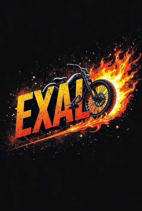 "A high-detail logo inspired by Hot Wheels, featuring the bold text 'EXALA' in a dynamic, stylized font. The logo has an aggressive, speed-driven aesthetic, with a large wheel of bicycle on the right side, engulfed in flames. The color scheme is primarily ...