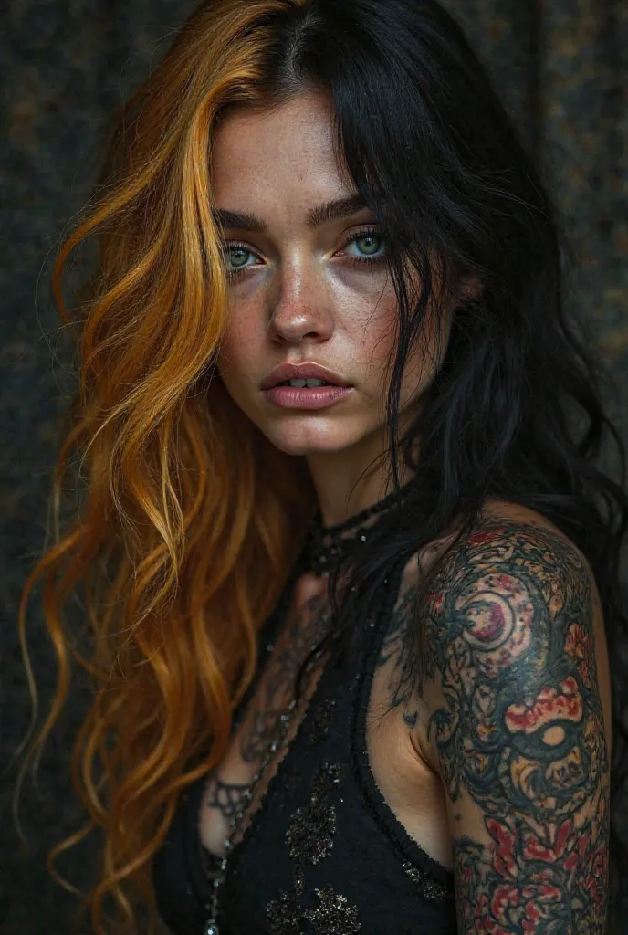 Woman with long blond and black hair with tattoos