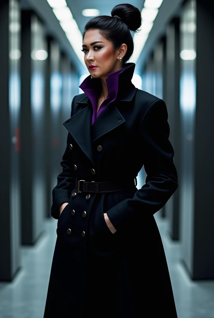 A full-body, cinematic depiction of a middle-aged woman with sleek black hair styled in a high updo. She is wearing a long, elegant black coat with purple accents, exuding a sense of authority and mystery. Her confident stance and sharp facial expression c...