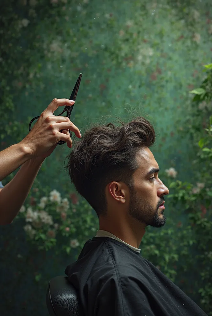  create realistic image, Cutting men's hair. with scissors in hand.  With the blooming green backlight .  without showing the face 