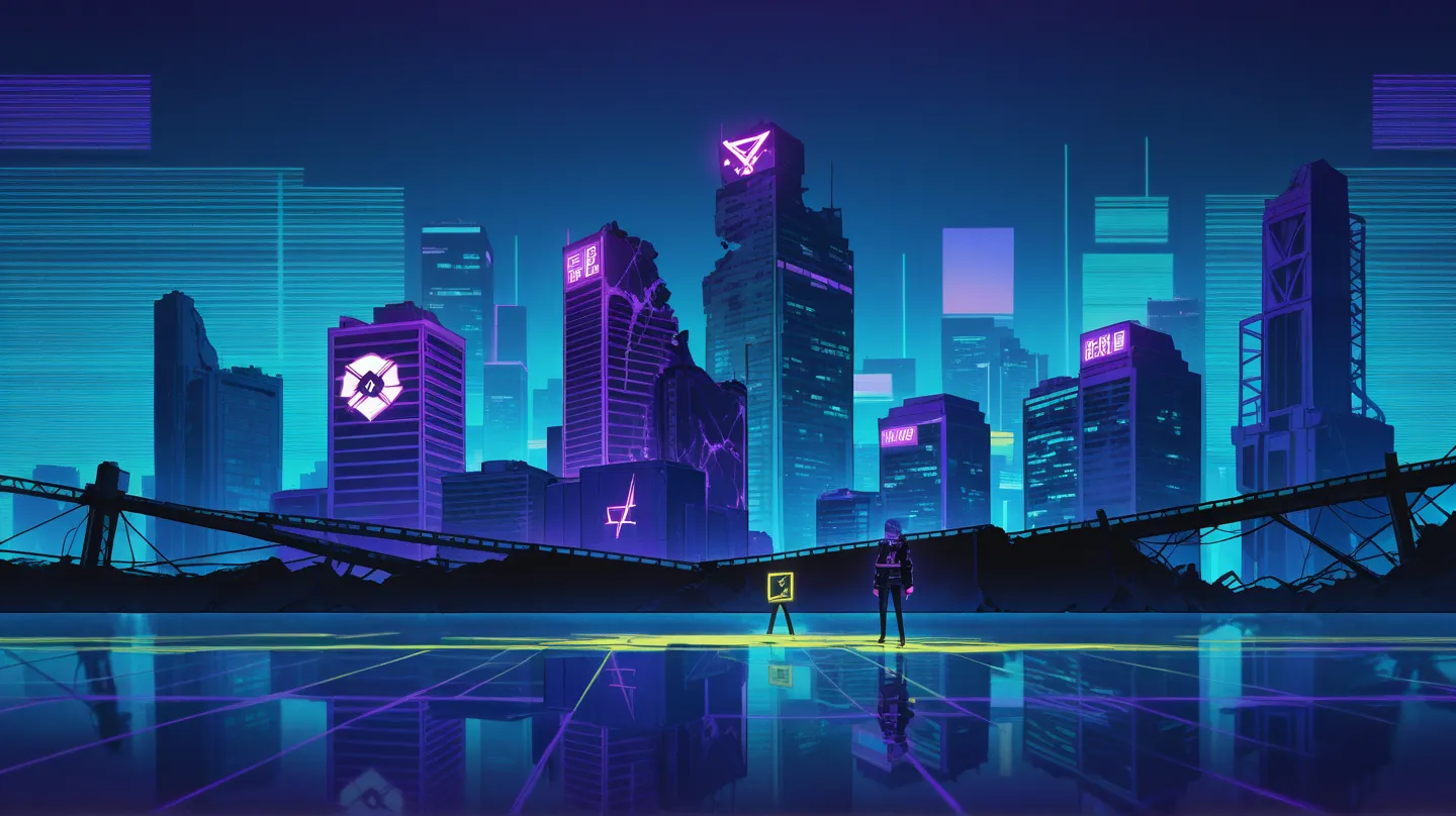 masterpiece
best quality
amazing quality
realistic
hyper-detailed
anime screencap. 8k, magnificent background, destroied synthwave city, neon, purple, yellow, electric blue, ruined scycraper, ruin, destroid background, apocalipt