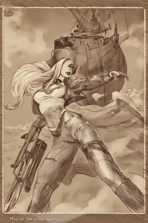 (studio ghibli) Jessica Rabbit (air ship pirate, sexy pirate outfit Valley of the wind motif, patch over one eye, steam powered rifle, confident, sultry), airship has Valley of the wind aesthetics,