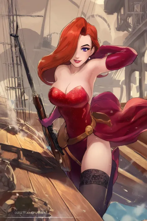 (studio ghibli) Jessica Rabbit (air ship pirate, sexy pirate outfit Valley of the wind motif, patch over one eye, steam powered rifle, confident, sultry), airship has Valley of the wind aesthetics,