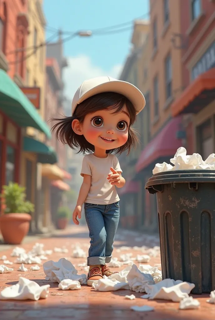 make a pretty Pixar-style girl in a white cap and white t-shirt and jeans ,in a street scene playing crumpled paper in a black trash bin
