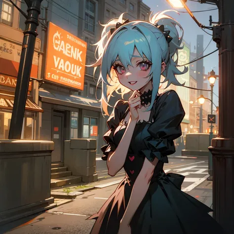 (best quality,cute girl), [Upper body, Happy, Despair], (dress, Punk fashion), Vampire, Horror, Gotham City, Street light, Viaduct, Night, Light Trails, Eccentric, [American comics]