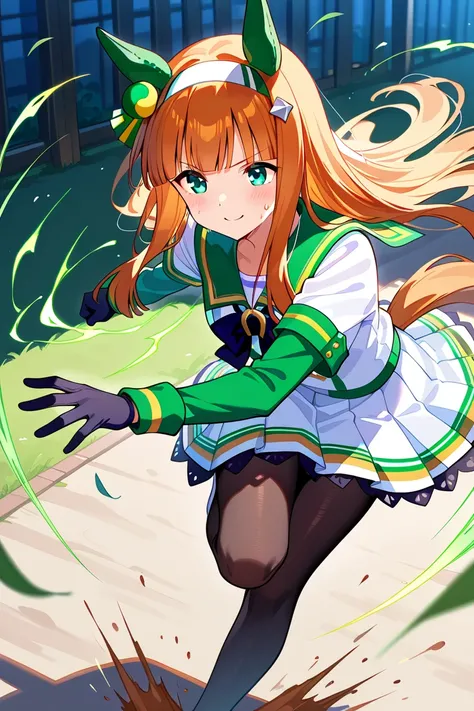  best quality 、masterpiece、 1 girl、 Silence Suzuka、  Uma Musume、smile、 long hair、 animal ears 、 ear covers、 orange hair、 band、(( tea hair))、 horse tail、 green sailor color 、 black ribbon、 white shirt、 layered sleeve 、Green Sleeves、 black gloves、 white skir...