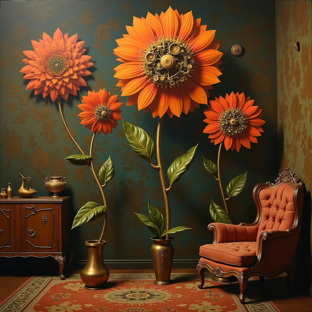 surreal and abstract painting of a mysterious ancient art deco room with different mechanical flowers made of old steampunk machinery, the flower stems are made of copper, the room walls have brown patterned tapestry, classic art, dreamy, surreal, photorea...