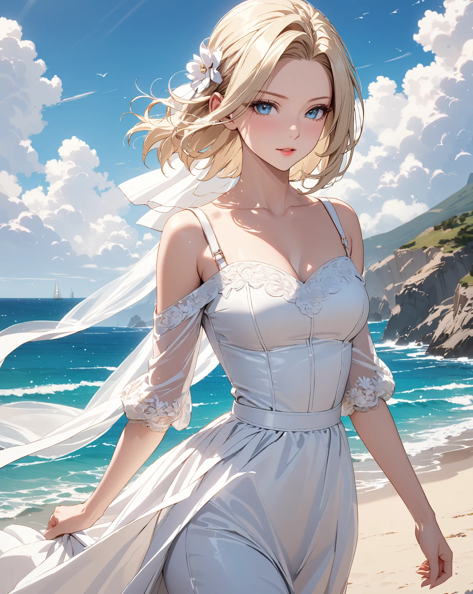 Walking in the Wind, coastal, bride, (Android 18), masterpiece, highest quality, UHD, retina, masterpiece, accurate anatomy, super detailed, high quality, best quality, 8k