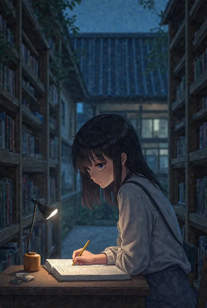 Girl studying facing me、 Libraries 、日本people、night、１people、holding pens、 real girl 