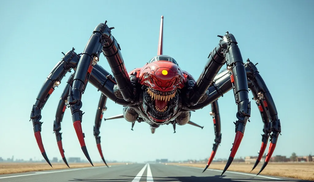 A futuristic hybrid aircraft with the terrifying appearance of a giant spider. The airplane's body seamlessly merges with an arachnid-like creature, featuring a monstrous red face with glowing yellow eyes and sharp, menacing teeth. Multiple black and red s...