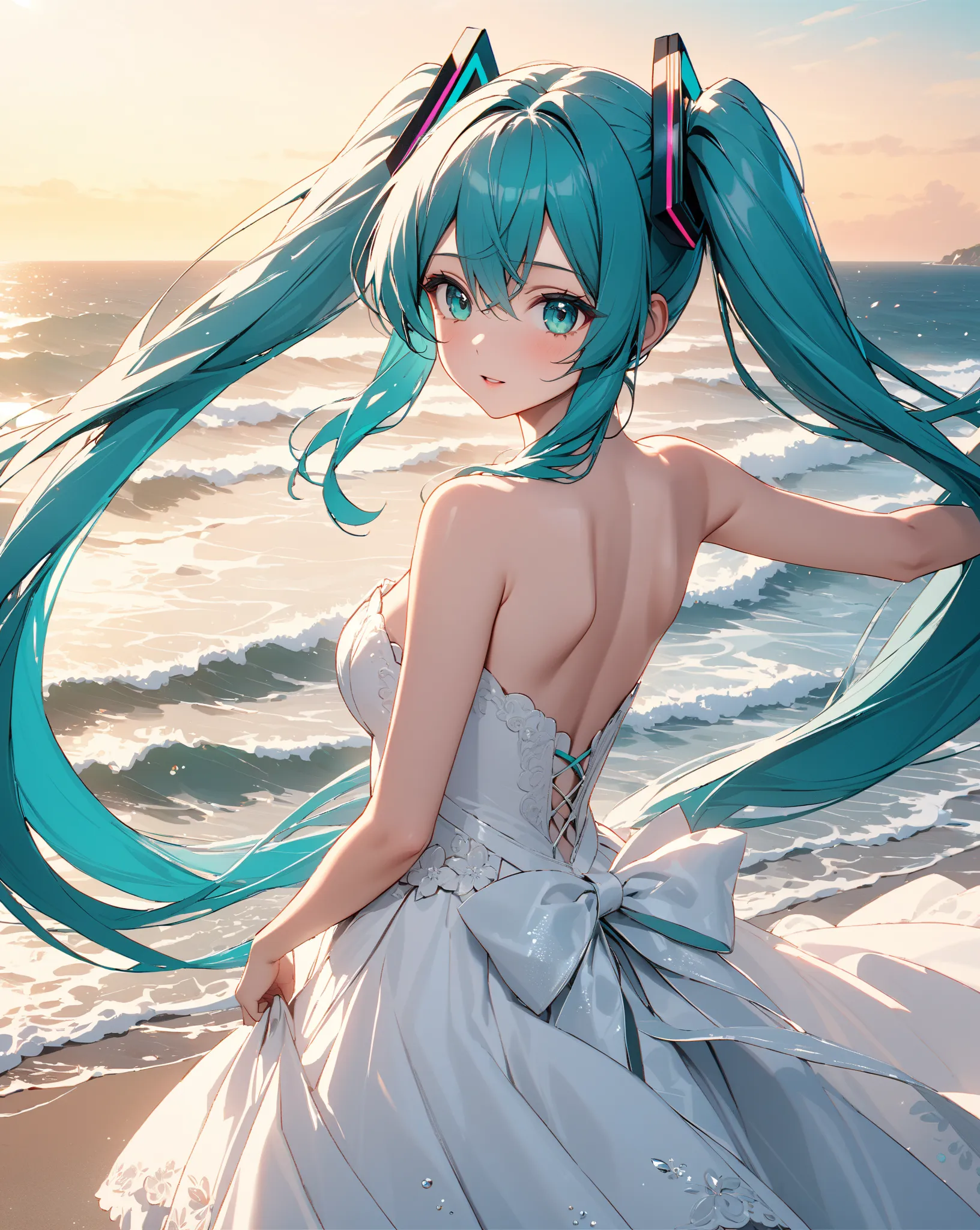 Walking in the Wind, coastal, bride, ( Hatsune Miku), masterpiece, highest quality, UHD, retina, masterpiece, accurate anatomy, super detailed, high quality, best quality, 8k