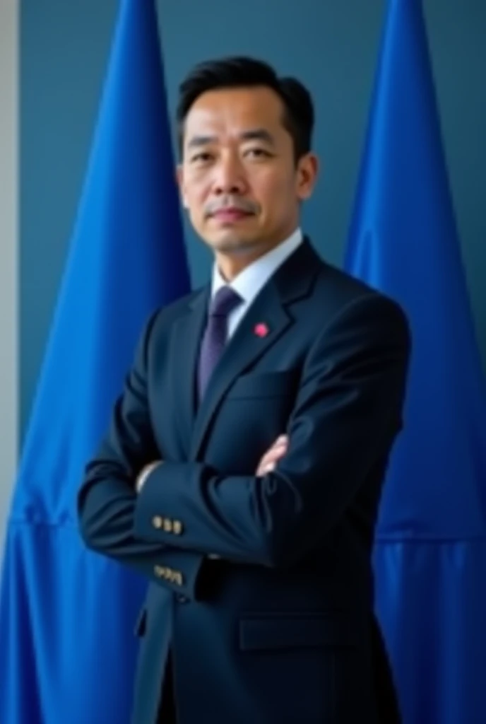 Photos of a businessman next to a blue flag 