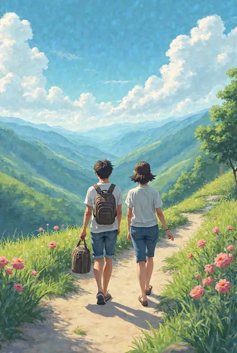 Asme two people walking with a beautiful view and who are holding a square bag 