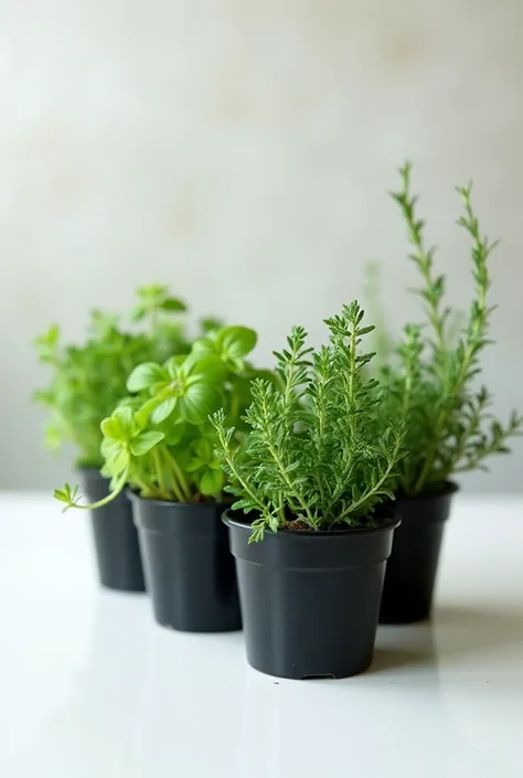 mini herb garden on 4 black pots over  a white table