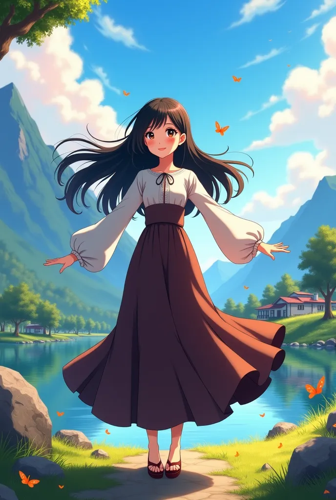 A stunning anime-style artwork inspired by 'Your Name,' featuring a beautiful age girl with fair skin and long black hair, standing in a breathtaking landscape. The background includes a flowing river, majestic mountains, and a distant peaceful village, wi...