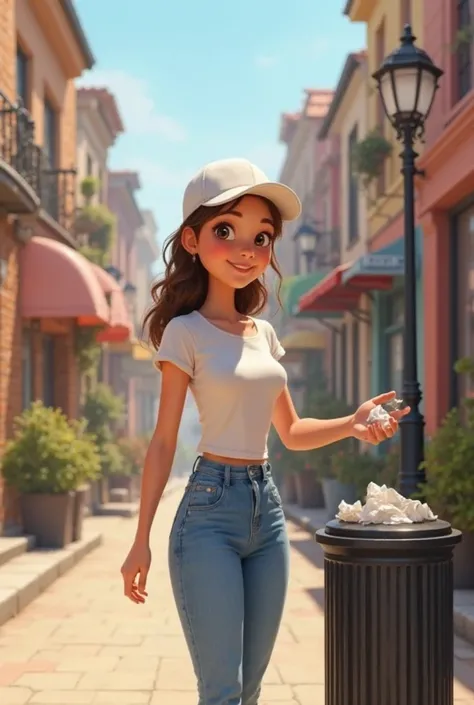 make a pretty pixar girl in a white cap and white t-shirt and jeans in a street scene throwing a crumpled paper into a black trash can
