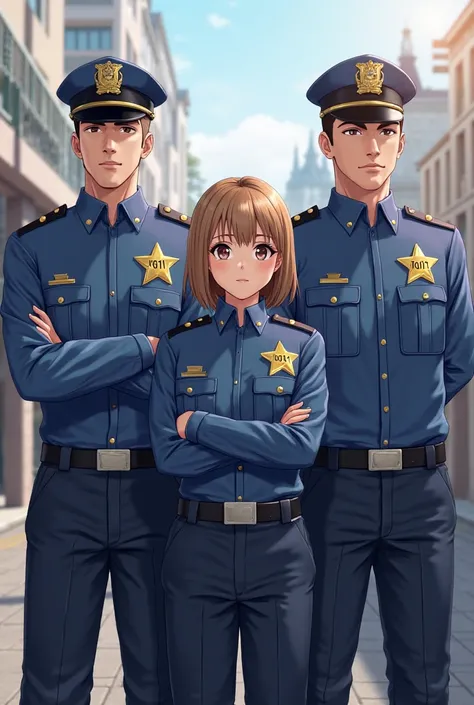 3 policemen, 2 men 1 woman, their uniform is blue, the badge is a star with the writing J611, the names on the uniform are Hades, Ares the 2 men, Bunny name the woman