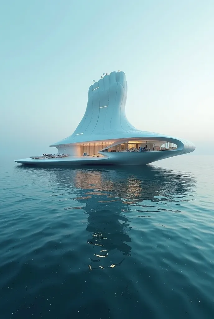 House of the future in the sea in the shape of a foot
