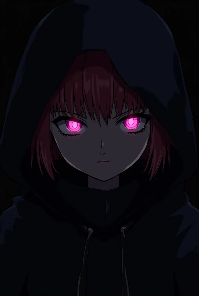 Anime girl looking directly at your head wearing a black hoodie with an evil appearance and a black mask, detailed pink eyes .
