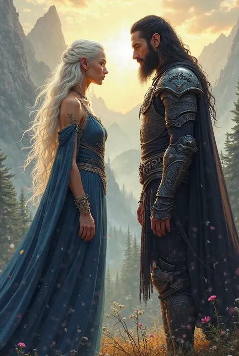 Long platinum-haired Elf wearing dark blue dress with armor, along with a tall and muscular black-haired captain elf in dark armor