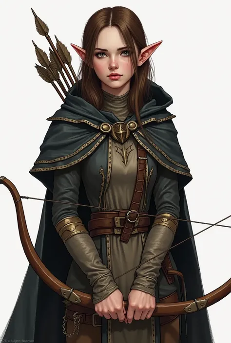 Draw a female half-elf with white skin , black eyes, elf ears, brown hair,  wearing a black cape with gold details and a built-in hood holding a crossbow in her hands and a carcass on her back with some arrows.