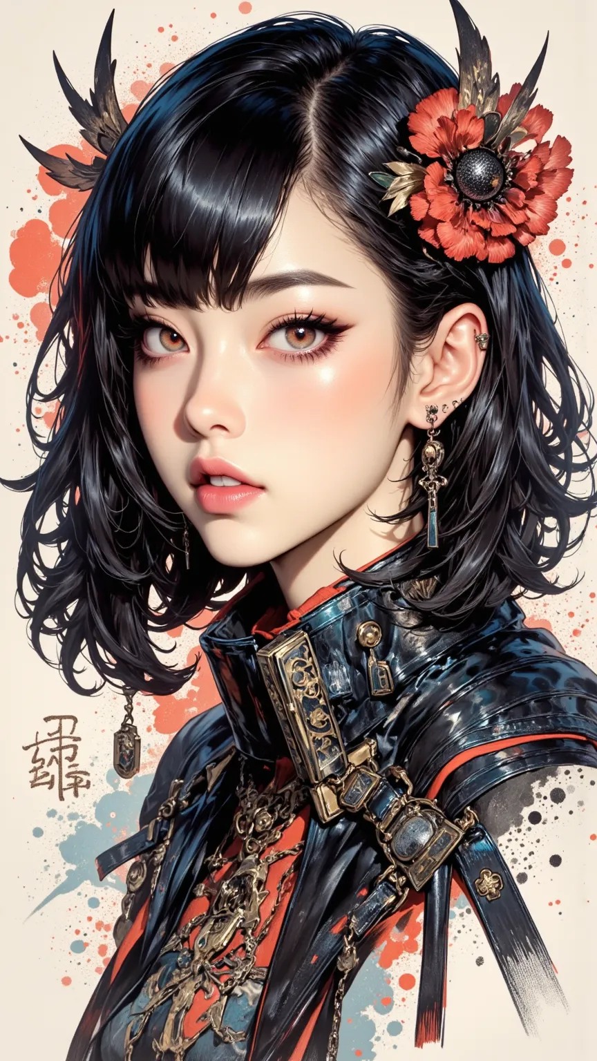 Stylish young Japanese woman's digital art work，combines ink sketches and watercolor splashes with dynamic mixed media。Brave and image-intensive dark eyeshadow adds to her contemporary chic vibe。