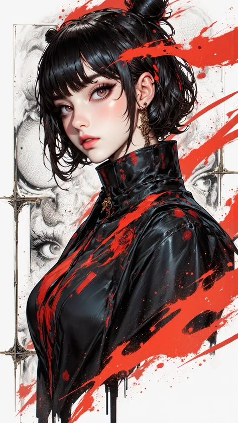 Stylish young Japanese woman's digital art work，combines ink sketches and watercolor splashes with dynamic mixed media。Brave and image-intensive dark eyeshadow adds to her contemporary chic vibe。