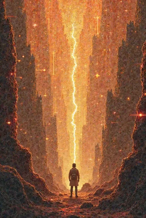 Story: The illustration shows a microscopic researcher standing on a cortical gyrus. Around him are neurons that look like towers pulsating with light. Electrical impulses pass between them, like a network of streets in a city. Deep furrows resembling cany...