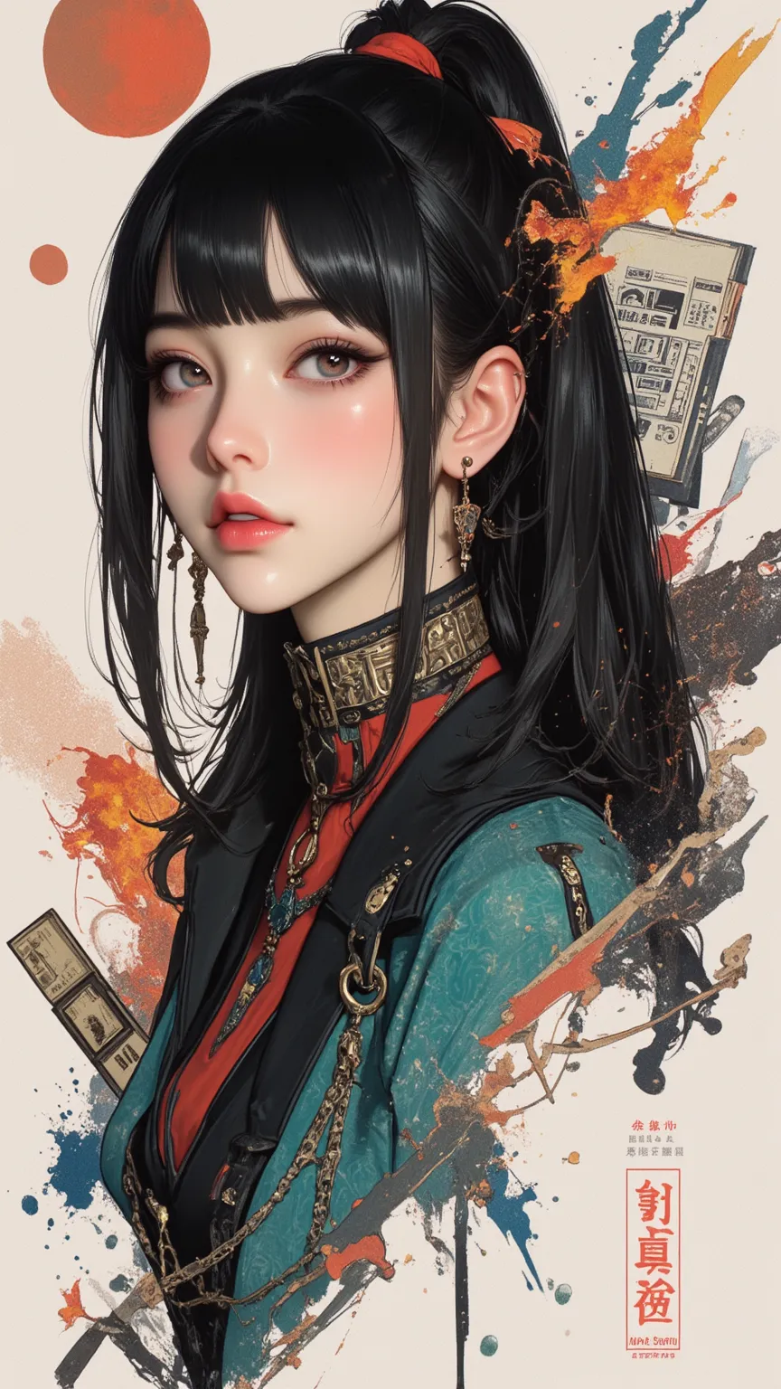 Stylish young Japanese woman's digital art work，combines ink sketches and watercolor splashes with dynamic mixed media。Brave and image-intensive dark eyeshadow adds to her contemporary chic vibe。