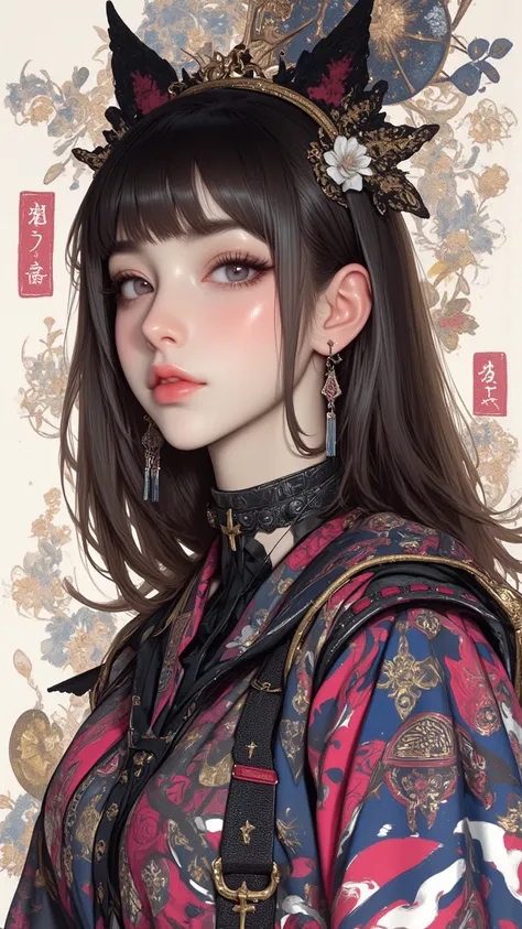 Stylish young Japanese woman's digital art work，combines ink sketches and watercolor splashes with dynamic mixed media。Brave and image-intensive dark eyeshadow adds to her contemporary chic vibe。