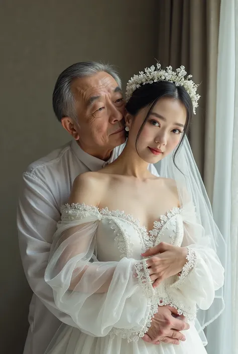 sexy beautiful asian southeast mother small breast, red lips, flat chest, skin white, cute mother, wearing white off the-shoulders layered wedding dress, bridal veil, perky nipples, beautiful Indian mother 50 years old, hugging 80 year old man , his intima...