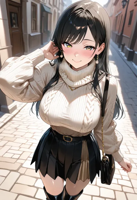 (best quality, masterpiece, ultra detailed, high resolution), Beautiful 8K CG artwork, Enriched photography, anatomically accurate body, depth of field,  1girl, elegant yet sexy girl, (long hair, black straight hair, swept bangs), 
round large breasts, bre...