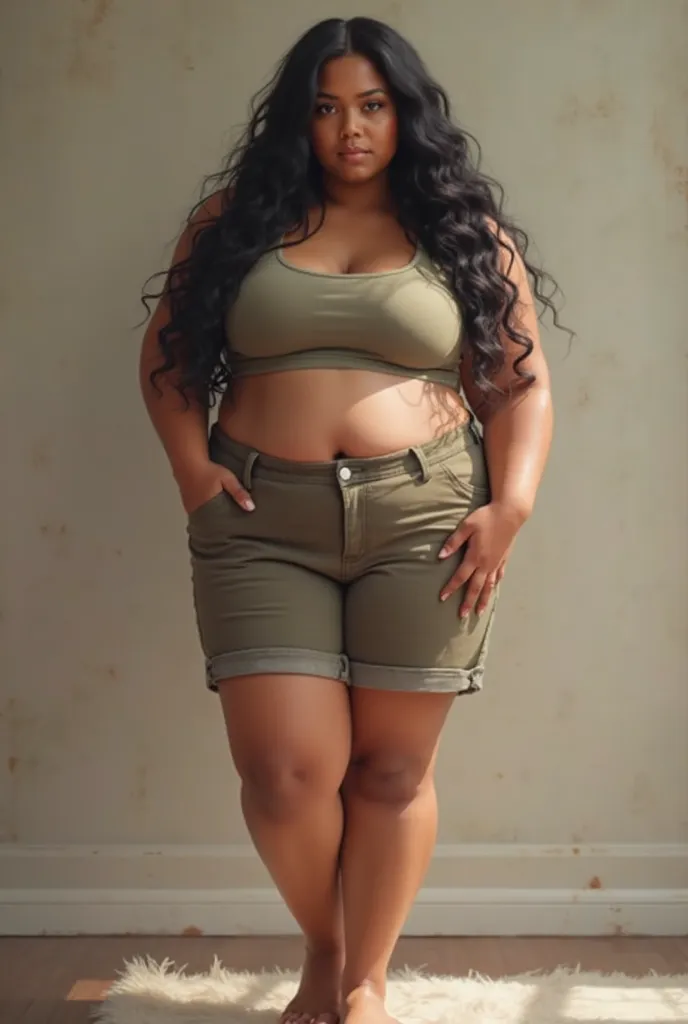 a 16-year-old girl with black hair and brown skin and brown eyes, shows her full body of 1.61m and her body has a chubby belly. she wears a smaller top and shorter pants and bare feet and posing for a photo.