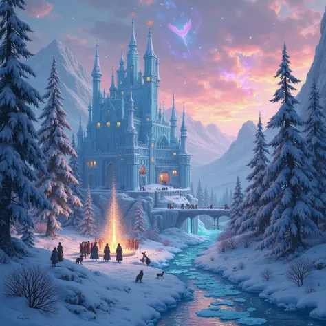 a whimsical, magical ancient winter kingdom nestled in a snow-covered valley surrounded by icy mountains. Glittering ice palaces and frost bridges adorned with glowing runes rise above crystal rivers. Giant snow-dusted evergreens with chiming icicles line ...