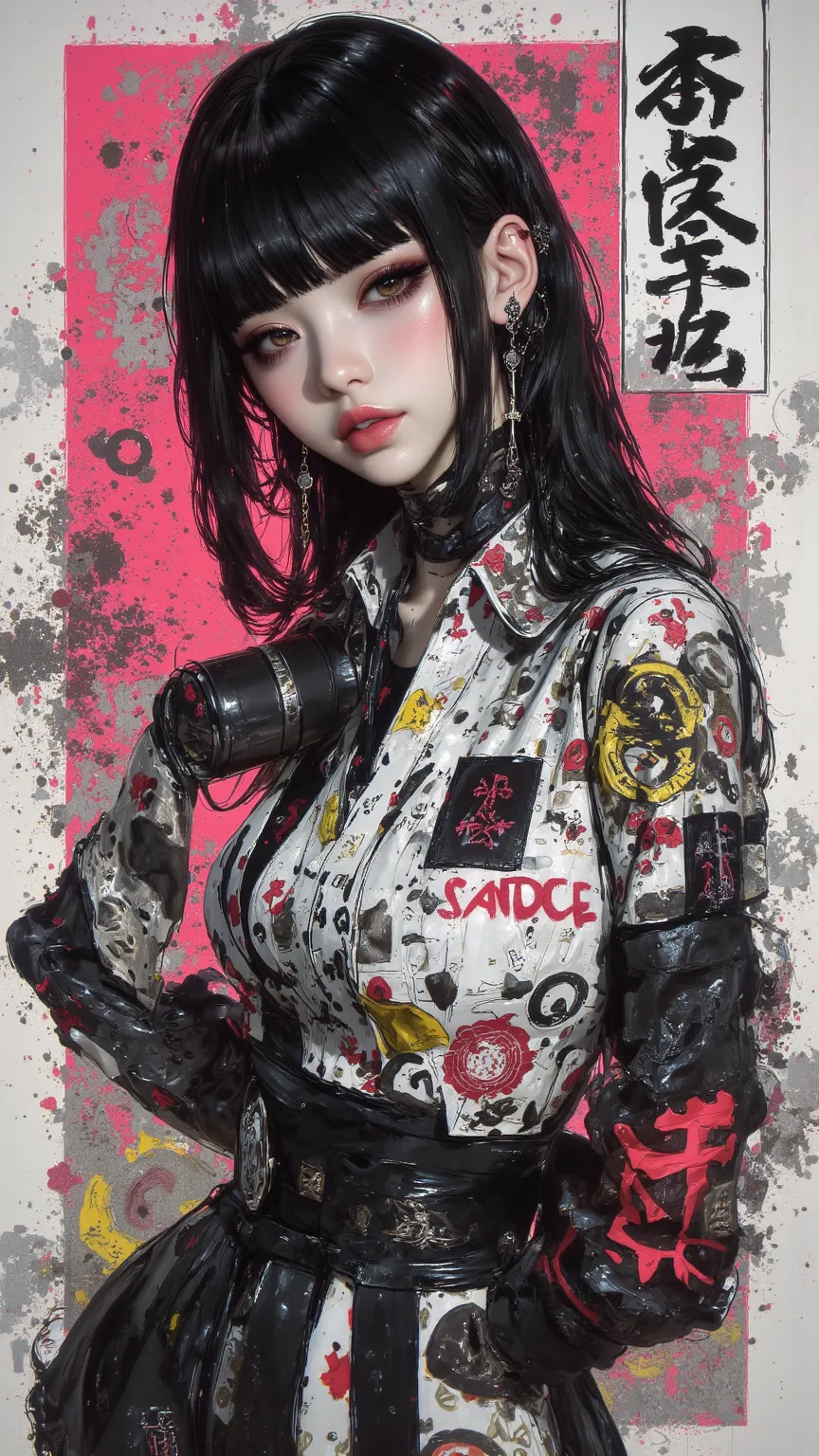 Stylish young Japanese woman's digital art work，combines ink sketches and watercolor splashes with dynamic mixed media。Brave and image-intensive dark eyeshadow adds to her contemporary chic vibe。