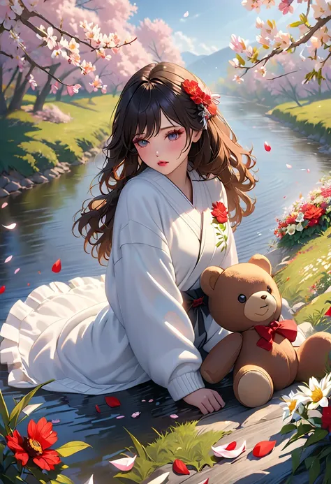 One Girl Walking the River ,  mix 4,  sweater , Pillow, lips, open_mouth, realistic,  photos_(medium), Alone, Stuffed_animal, Stuffed_, Teddy_Bear,(masterpiece),( photosrealistic:1.3), Ultra High Definition, (highly detailed skin:1.2),(Highest quality:1.0)...