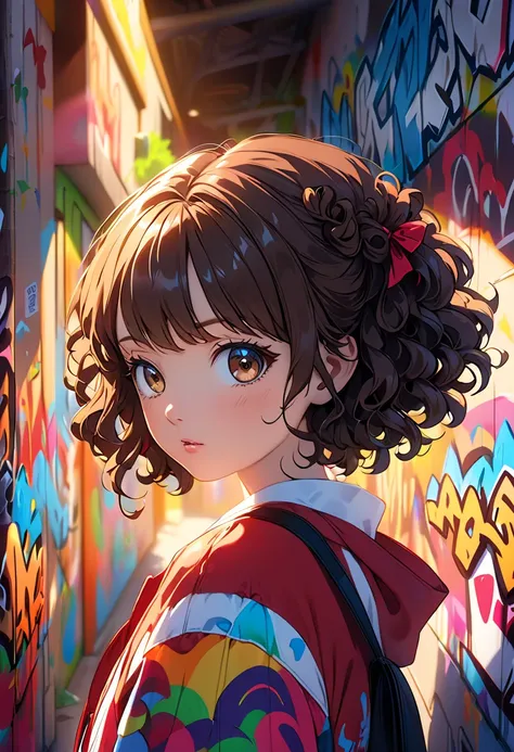 Cartoon s,  and has soft lighting like in a movie , dark brown hair, curly, so cute,  with colorful pictures  ((( graffiti art by Mr. Nomi ) (By Karen Griffiths))), Crazy Details, complicated details, Super Detail, Cinematic soft lighting,  Exposure Blend ...