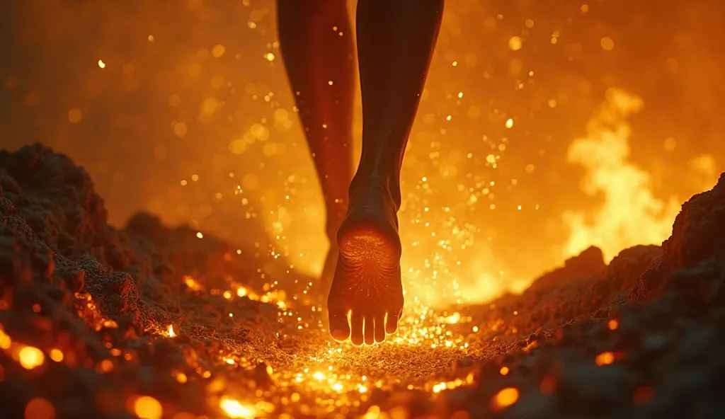 **Prompt in English:**

"The scene is captured from the front, with the camera focused on a bare foot of a celestial figure, slowly stepping over glowing embers and flowing lava. The foot, with smooth, dark skin, moves deliberately, its golden light contra...