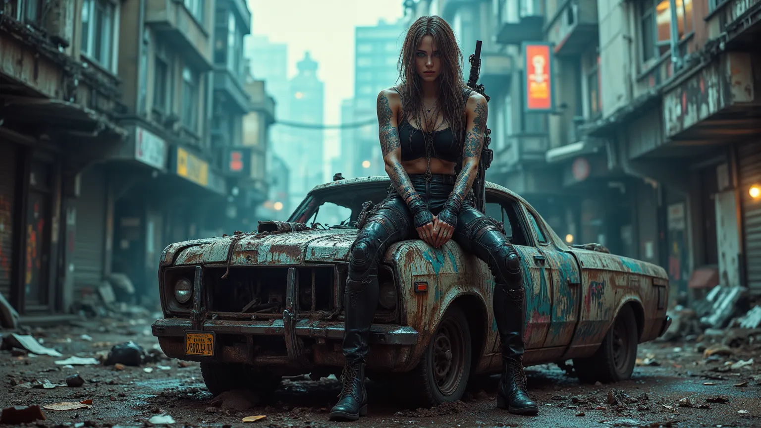 cyberpunk wasteland russian brutal  car and beautiful girl sitting on it