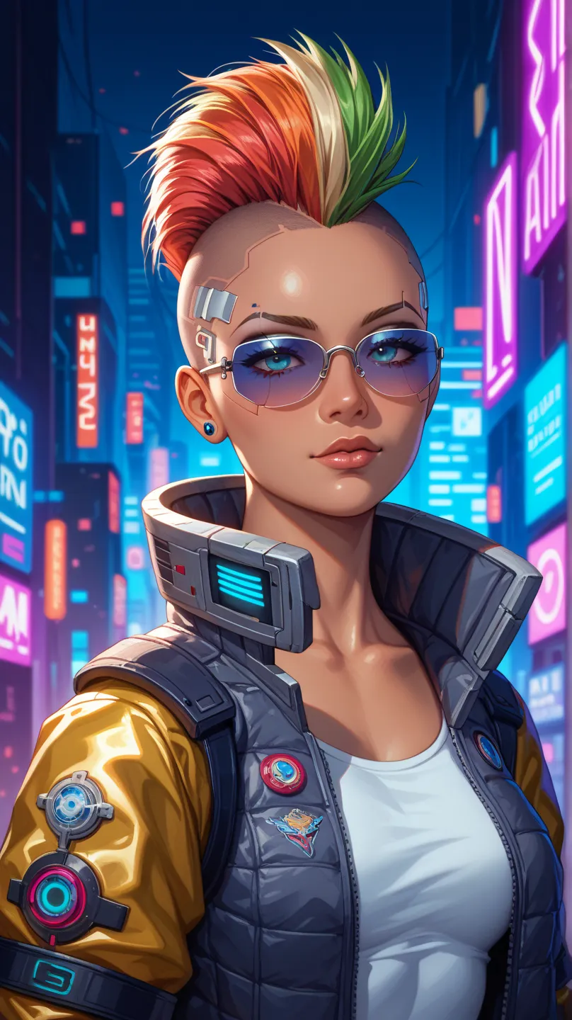 1 girl, nsfw, nudity, rainbow mohawk, petite slim body, maori origin, brown skin, cyberpunk leisurewear athletic transperant clothing + mirrorshades + urban flash jacket, cyberpunk netrunner, cybernetic implants, detailed face, octane render, highly detail...