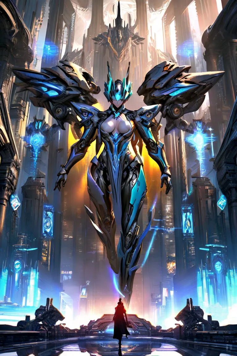 "Epic throne room scene, golden armor and biomechanical throne, massive EVA Unit-01 inspired mecha with Warframe exoskeleton elements emerging from quantum storm backdrop, intricate cybernetic details by Masamune Shirow, neon-lit holographic AI interfaces ...