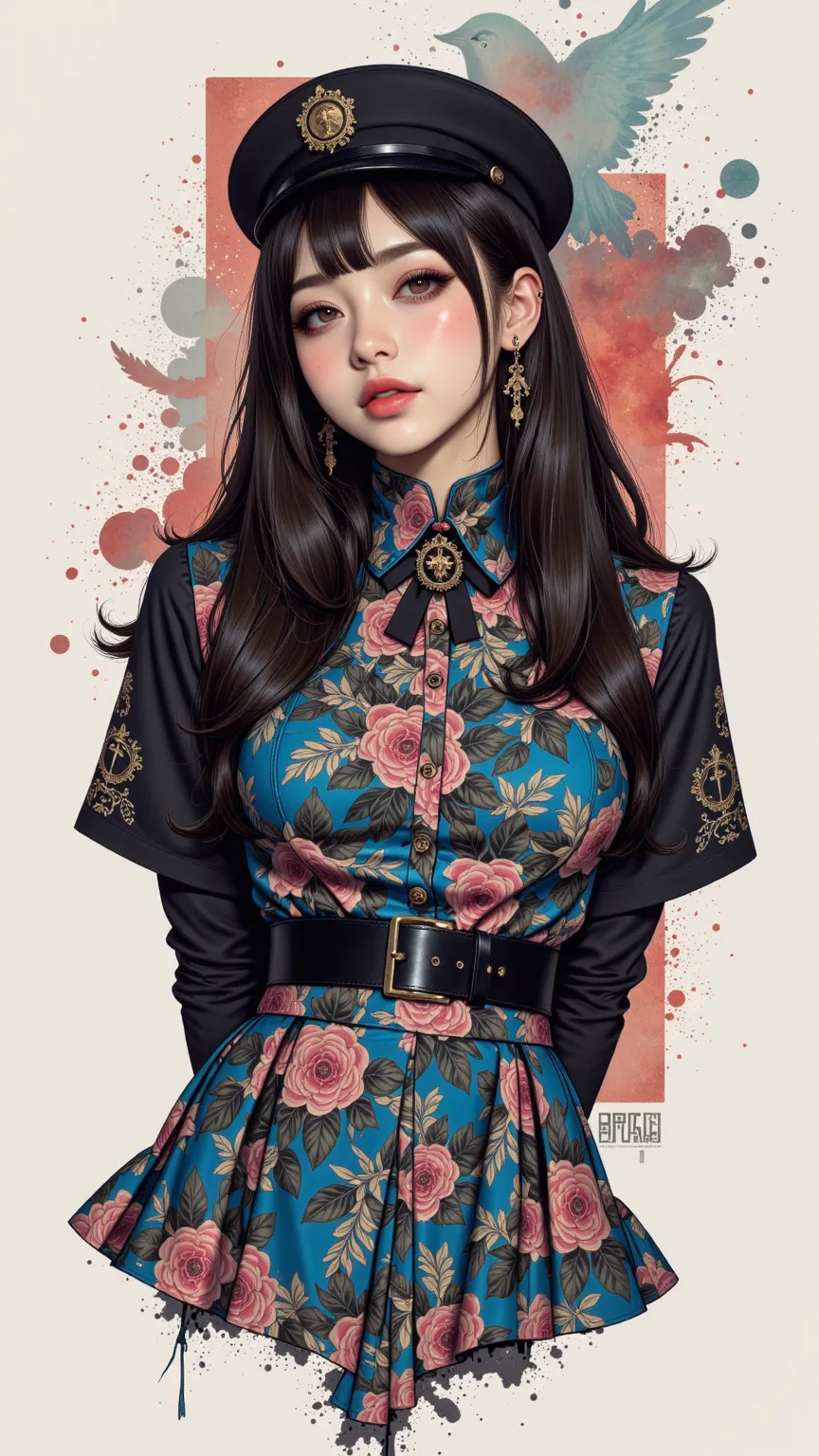 Stylish young Japanese woman's digital art work，combines ink sketches and watercolor splashes with dynamic mixed media。Brave and image-intensive dark eyeshadow adds to her contemporary chic vibe。