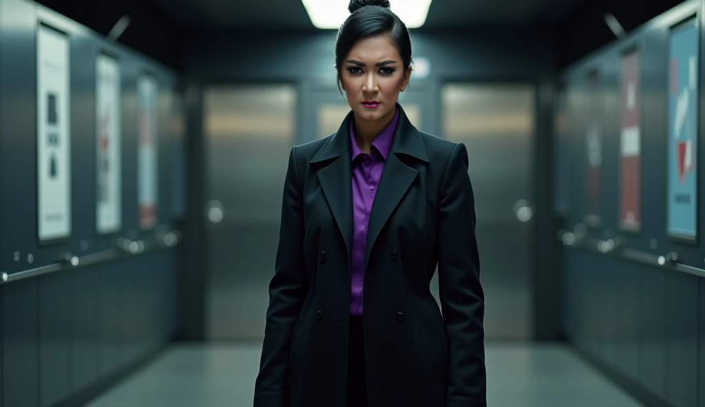 A full-body, cinematic depiction of a middle-aged woman with sleek black hair styled in a high updo. She is wearing a long, elegant black coat with purple accents, exuding a sense of authority and mystery. Her confident stance and sharp facial expression c...