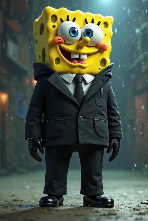 Vigilant SpongeBob with black uniform, He is happy 