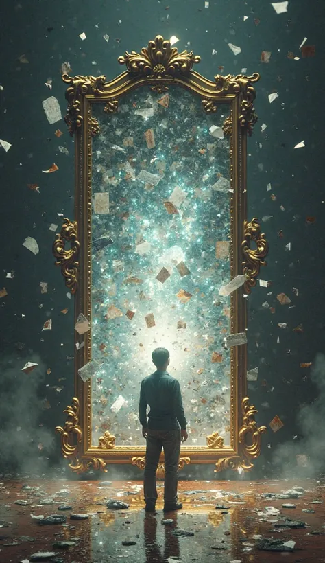 In the background is an open space. A huge antique mirror is broken into flying shards, each containing an image of a memory. In front of the mirror is the image of a person who shines magically. Detailed, realistic 3D image.