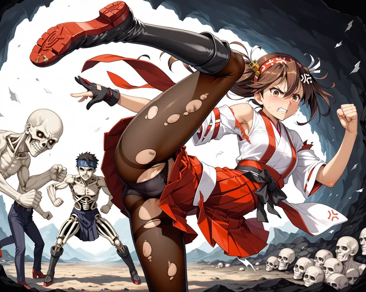 Front angle, darkness cave, torn clothes, torn stockings, hands holding clothes, dirty clothes, teary eyes, (anger), 1girl, Surrounded by skeletons, shoukaku_(kancolle ), long_hair, brown_eyes, hairband, headband, white_hair, japanese_clothes, hakama_short...