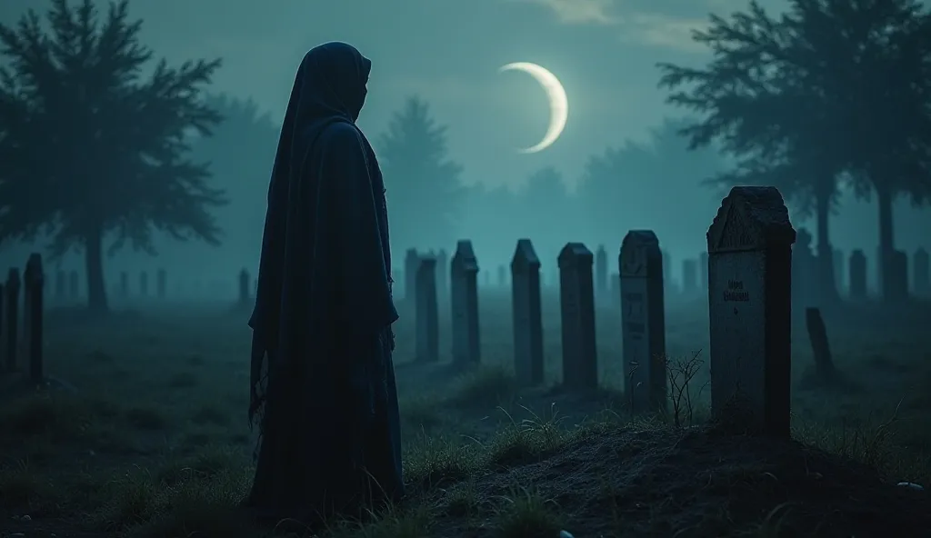 "A haunting Muslim graveyard at night, bathed in the dim glow of a crescent moon. Rows of weathered tombstones stretch into the darkness, their inscriptions barely visible. In the foreground, a newly completed grave stands with a smooth, fresh headstone. A...