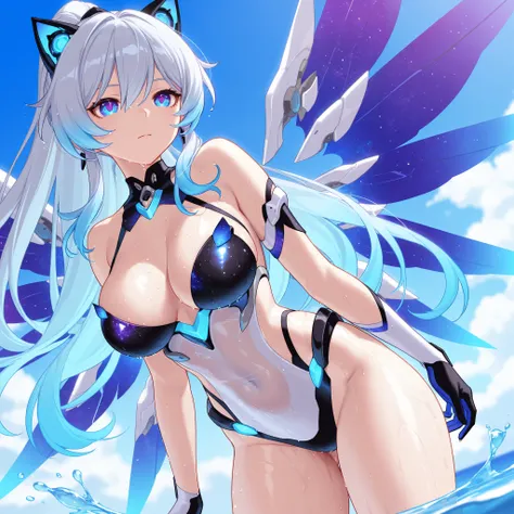 Honkai Impact 3、Kiana、best image quality、 best thighs、Beautiful breasts、wet body、Galaxy eyes、Machine Wings、sea hair、So that the whole thing is reflected、Cat ears、