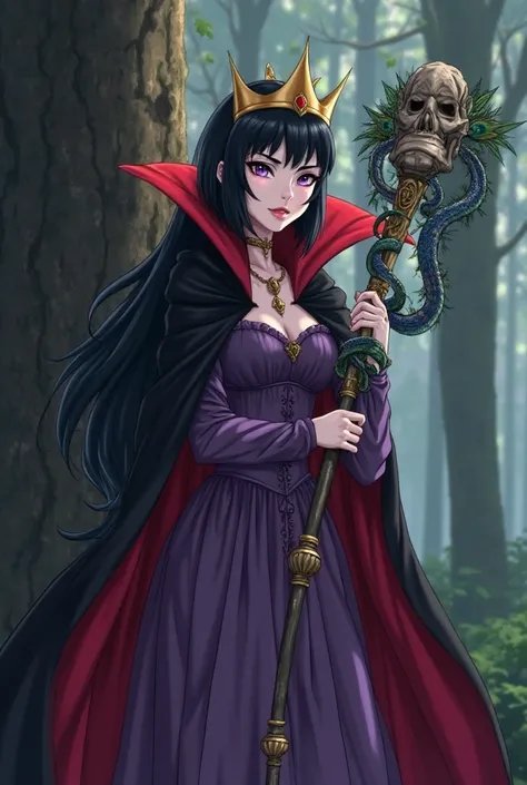 Beautiful Anime Girl with black hair and purple eyes. Dressed as an evil queen in Snow White. She is wearing a purple dress and a black and red vampire cape with a high collar and a crown. She's angry in the woods next to a tree. He carries in his hands a ...